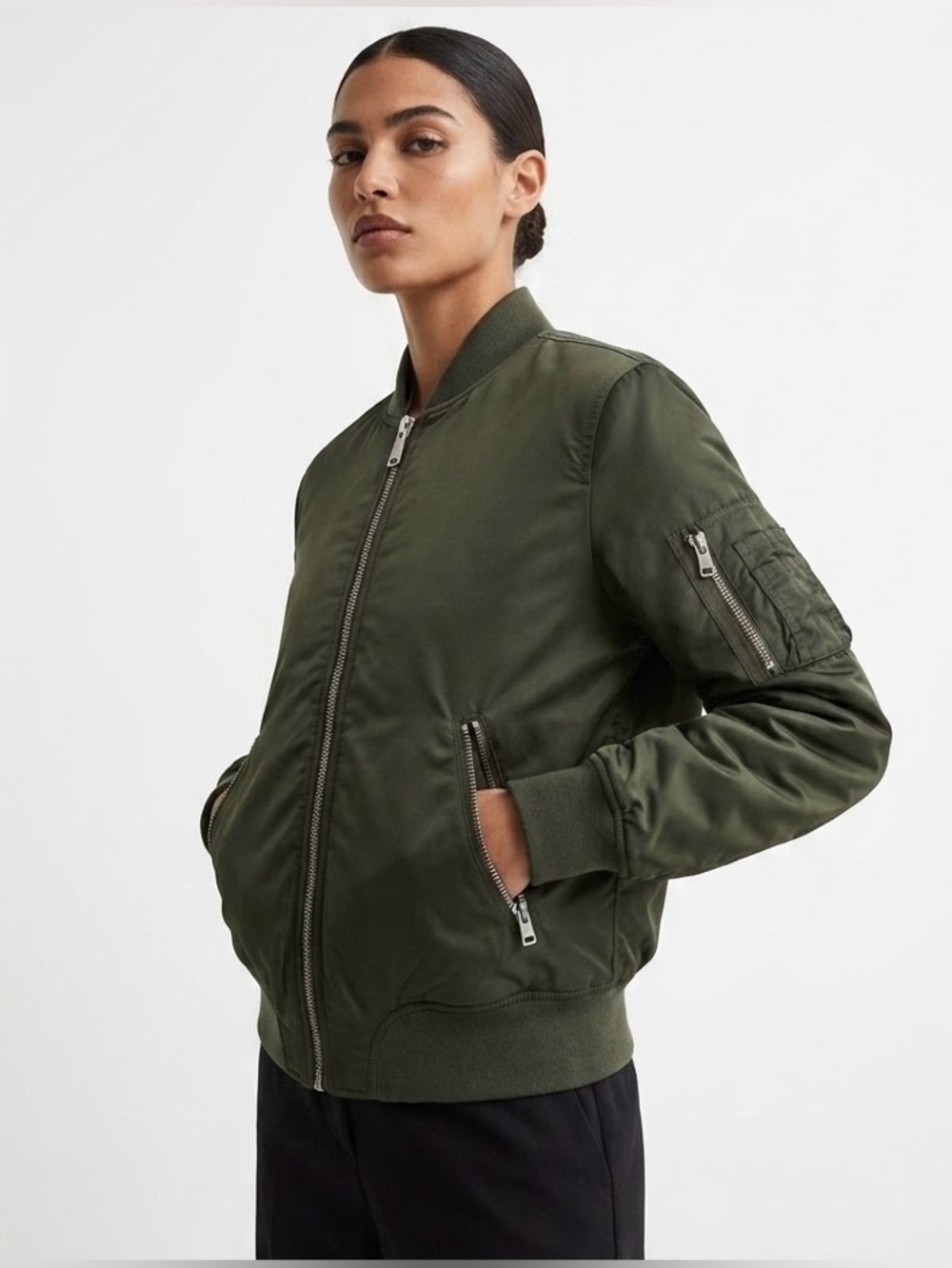 Topshop Olive Green MA1-Style Satin Bomber Jacket Size 2 w Sleeve Pocket
